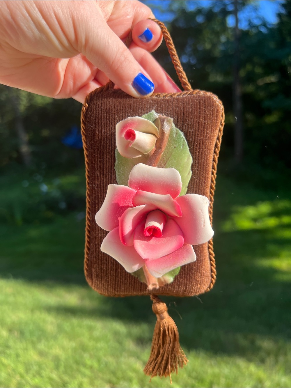 Vintage Italian Capodimonte Pink Porcelain Rose Velvet Wall Hanging with Tassel